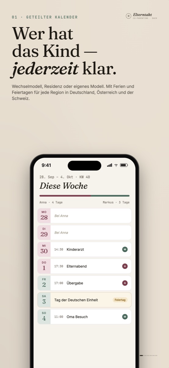 Elterntakt-Kalender: Wochenansicht mit farbig markierten Betreuungstagen für Anna und Markus, Terminen und dem Feiertag am 3. Oktober