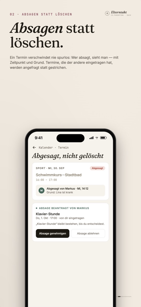 Abgesagter Termin in Elterntakt: Der Schwimmkurs ist durchgestrichen, darunter steht, dass Markus ihn am Mittwoch um 14:12 abgesagt hat und warum