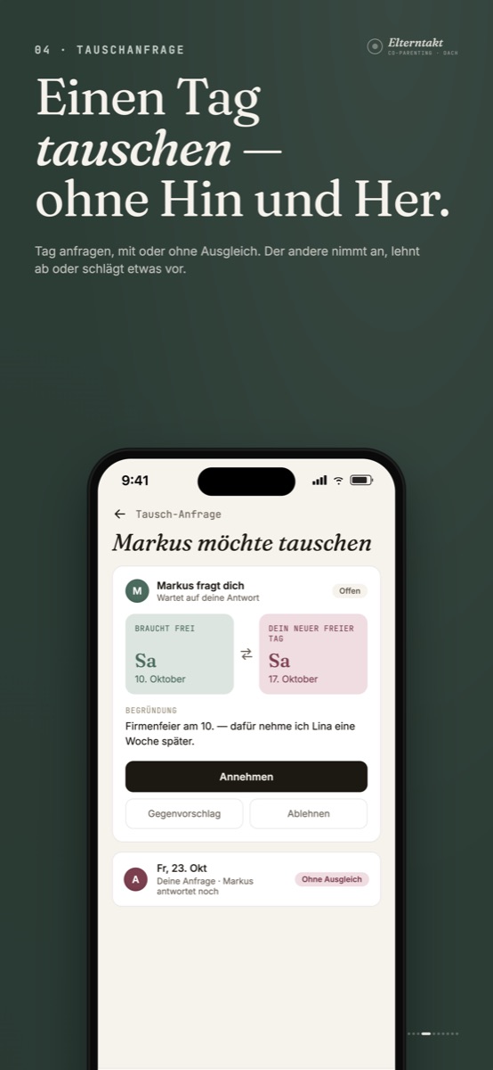 Tauschanfrage in Elterntakt: Markus bittet um einen Tagestausch vom 10. auf den 17. Oktober, mit Begründung und den Knöpfen Annehmen, Gegenvorschlag und Ablehnen